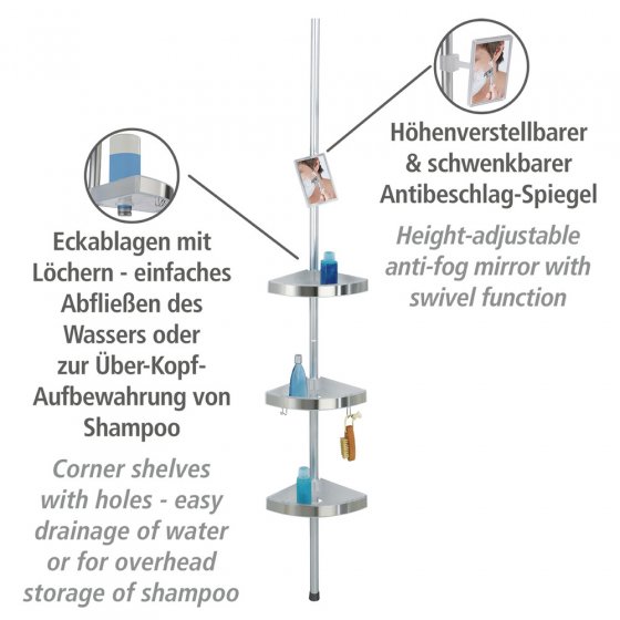 Teleskop Duschecke Premium, mit 3 Ablagen und Spiegel, satiniert 