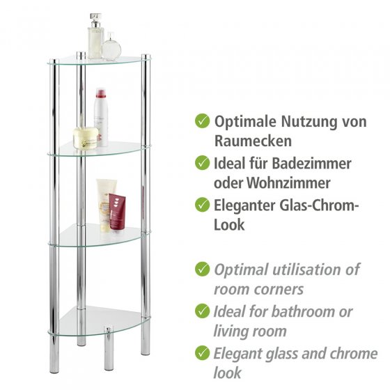 Eckregal Mod. Yago mit 4 Glasablagen, aus Edelstahl und Sicherheitsglas
