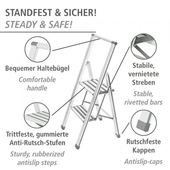 Alu-Design Klapptrittleiter 2-stufig Weiß, rutschsichere XXL-Stufen