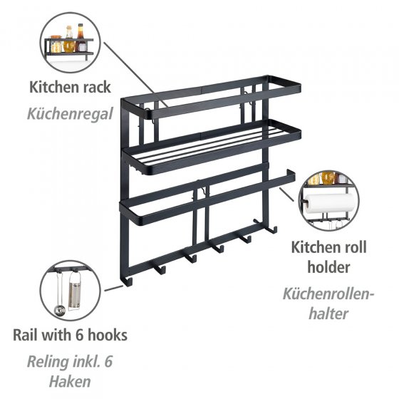 Multifunktionsregal Mod. Gala, mit Küchenrollenhalter & Reling inkl. 6 Haken