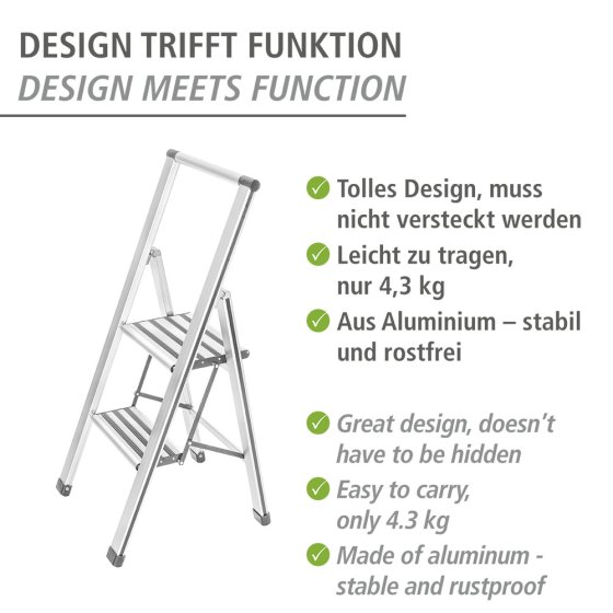 Alu-Design Klapptrittleiter 2-stufig Weiß, rutschsichere XXL-Stufen 