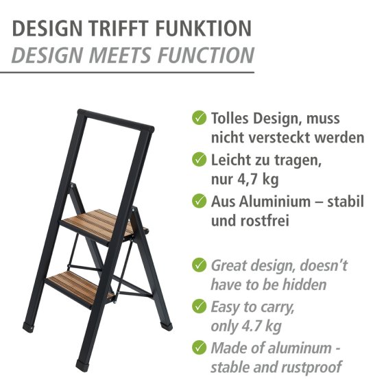 Alu-Design Klapptrittleiter 2-stufig Schwarz, rutschsichere XXL-Stufen 