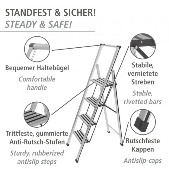 Alu-Design Klapptrittleiter 4-stufig Silber, rutschsichere XXL-Stufen