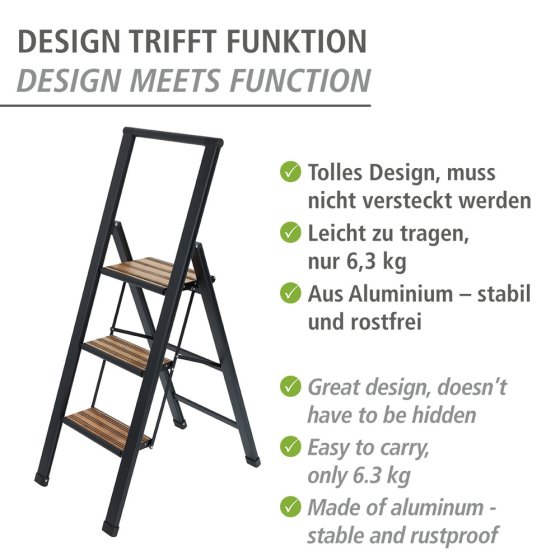 Alu-Design Klapptrittleiter 3-stufig Schwarz, rutschsichere XXL-Stufen 