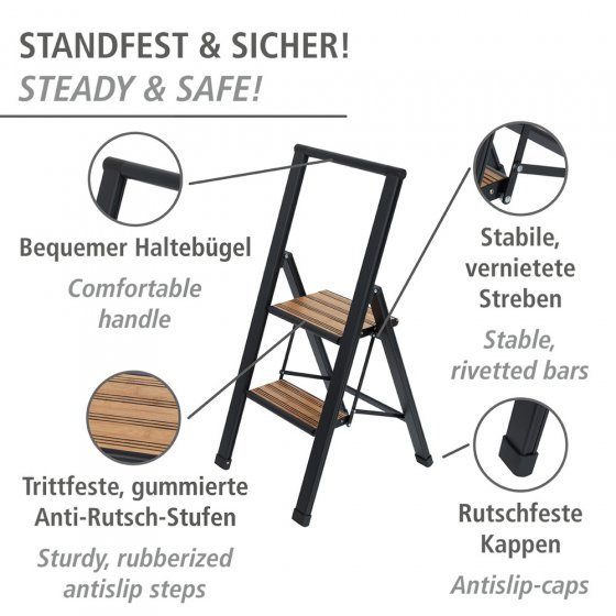 Alu-Design Klapptrittleiter 2-stufig Schwarz, rutschsichere XXL-Stufen 