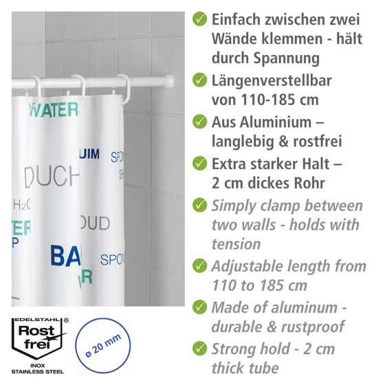 Teleskop-Duschstange Weiß Ø 2 cm, 110 - 185 cm, aus rostfreiem Aluminium 