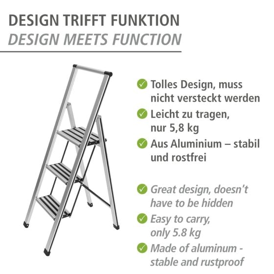 Alu-Design Klapptrittleiter 3-stufig Silber, rutschsichere XXL-Stufen 