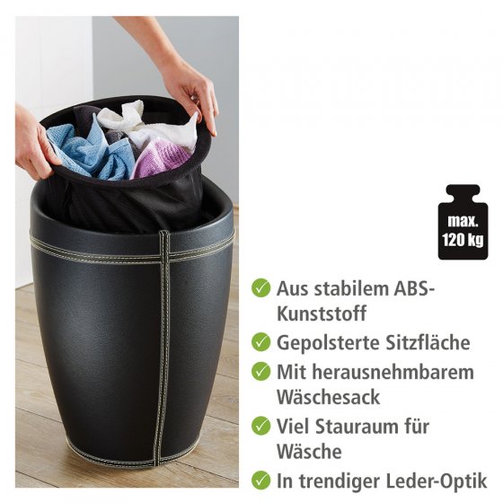 Hocker Mod. Candy Black in Lederoptik, mit Wäschesack, mit abnehmbarem Wäschesammler