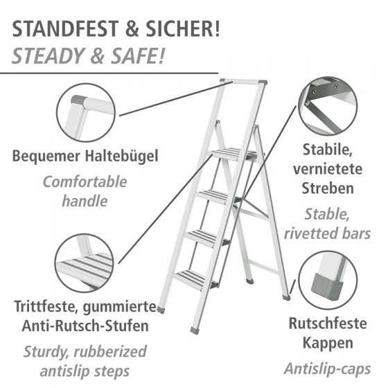 Alu-Design Klapptrittleiter 4-stufig Weiß, rutschsichere Stufen