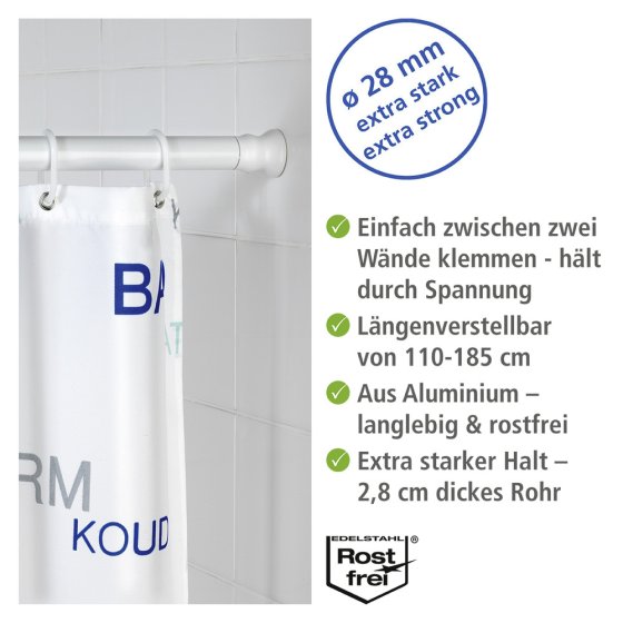 Teleskop Duschstange extra stark Weiß 110 - 185 cm, extra stabil mit Ø 2,8 cm 