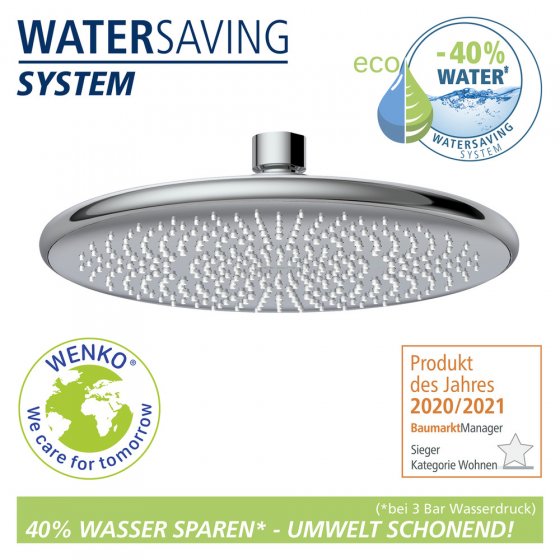 Regenduschkopf Watersaving Ø 22,5 cm, Universal-Kopfbrause mit Wasserspar-System