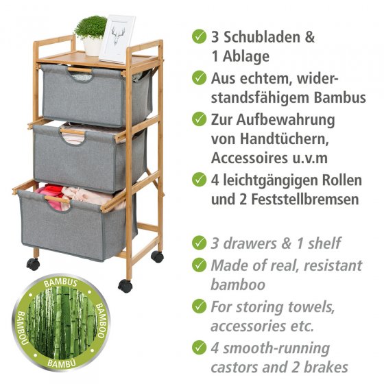 Haushaltswagen mit 3 Schubladen Mod. Bahari aus Bambus, Wäschewagen aus Bambus