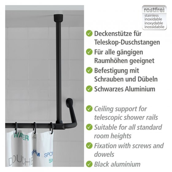 Deckenstütze für Duschstangen Schwarz, 57 cm, für Stangen mit Ø 2 / 2,5 cm