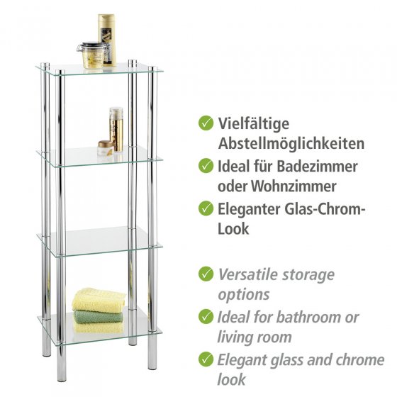 Regal Mod. Yago viereckig, 4 Ablagen, aus Edelstahl und Sicherheitsglas