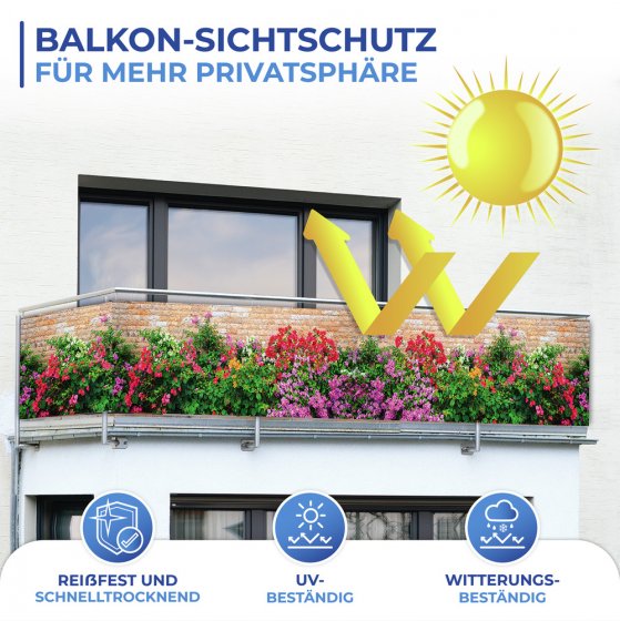 Balkon-Sichtschutz Mauer-Blumen, 5 m, UV- und witterungsbeständig 