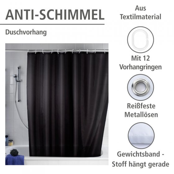 Anti-Schimmel Duschvorhang Uni Black, Textil (Polyester), 180 x 200 cm, waschbar