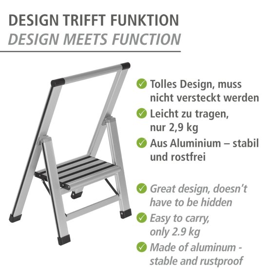 Alu-Design Klapptrittleiter 1-stufig Silber, rutschsichere XXL-Stufen 