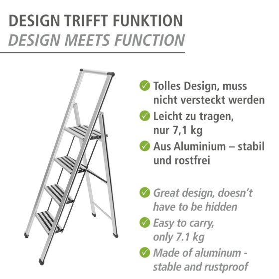 Alu-Design Klapptrittleiter 4-stufig Silber, rutschsichere XXL-Stufen 