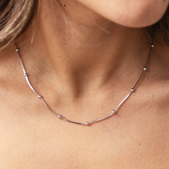 Collier 925/- Sterling Silber Schlangenkette vierseitig diamantiert mit Kugeln rhodiniert 