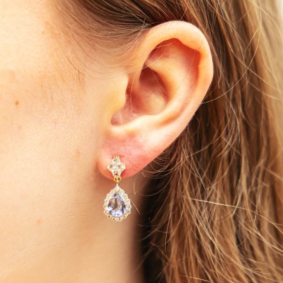 Ohrringe Gold 585 mit echtem Iolith-Tropfen + Weißtopas 