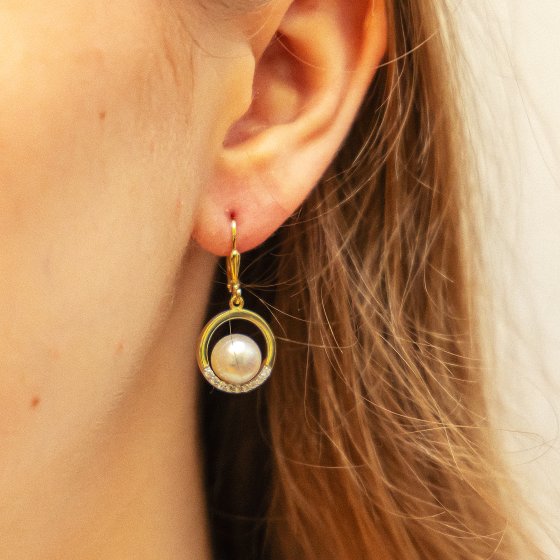 Ohrringe Gold 375 Perle weiß 8-8,5mm Zirkonia weiß 