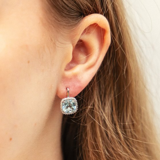 Ohrringe Weißgold 375 mit echtem Blautopas (beh.) und Zirkonia-Steinen 