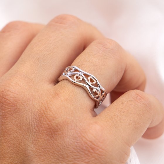 Ring Silber 925 zweifarbig mit Herz-Motiven 