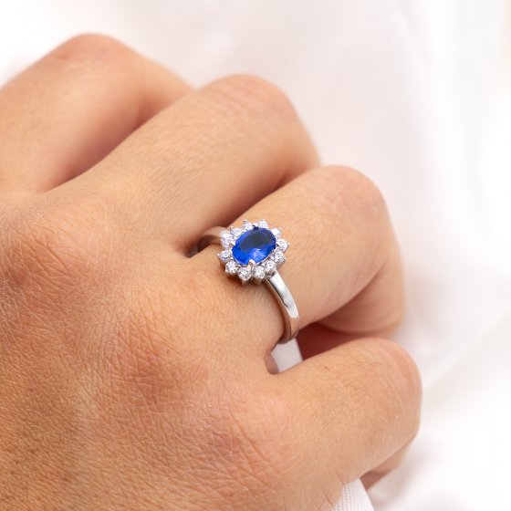 Ring Silber 925 rhodiniert mit Zirkonia blau und weiß 