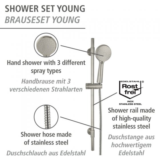 Brauseset Mod. Young Edelstahl gebürstet, Länge Stange: 66 cm 