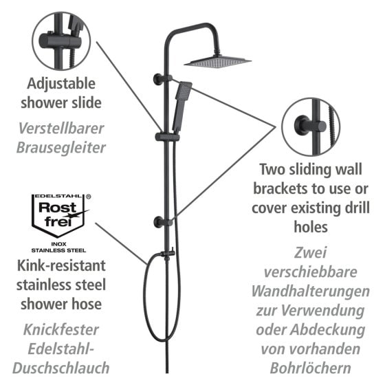 Duschsystem Mod. Quadro Schwarz matt, mit Regendusche und Handbrause 
