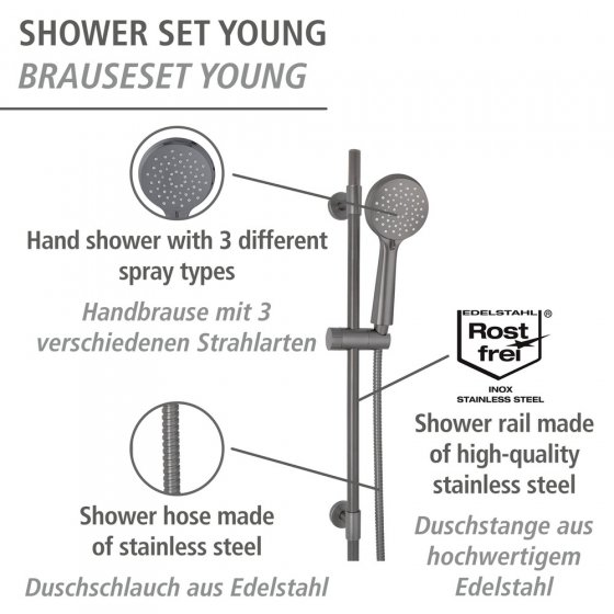Brauseset Mod. Young Gunmetal Grey, Länge Stange: 66 cm 