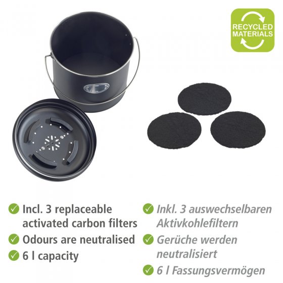 Komposteimer Mod. Nero 6 L, inklusive 3 Aktivkohlefiltern zum Wechseln 