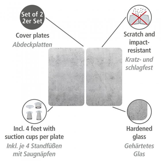 Glasabdeckplatten Universal Mod. Beton, 2er-Set, für alle Herdarten 