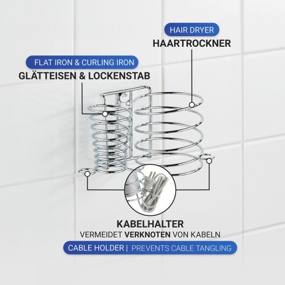 Haartrocknerhalter und Glätteisenhalter Mod. Milano, mit Kabelhalter, zur Wandmontage 