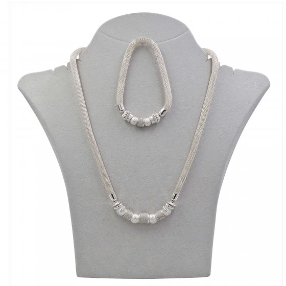 Set Kette Armband Metall 48+7,0cm + 19,0cm Stretch Mesh Kugeln Metall 