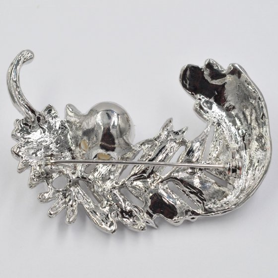 Brosche Metall Feder Glasstein Perle weiß 