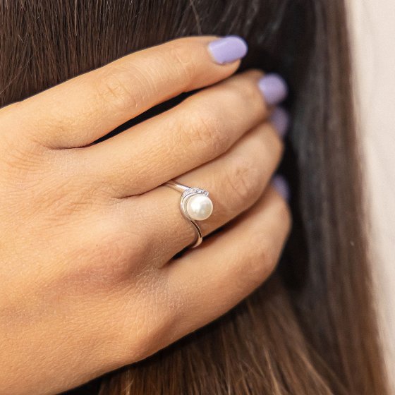 Ring Silber 925 rhodiniert mit weißer Perle & Zirkonia 