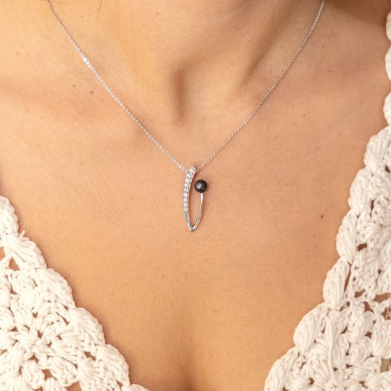 Halskette Silber 925 rhodiniert mit schwarzer Perle & Zirkonia weiß 