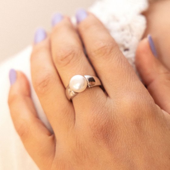 Ring Silber 925 rhodiniert mit einer weißen Perle 10-10,5mm 