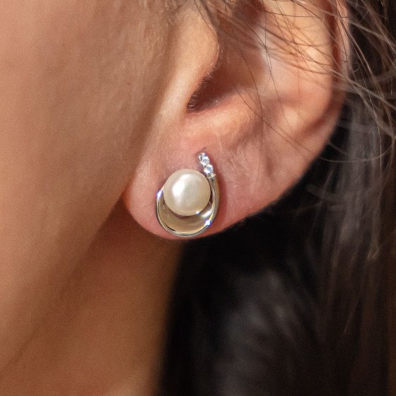 Ohrringe Silber 925 rhodiniert Perle weiß 6,5-7mm Zirkonia 