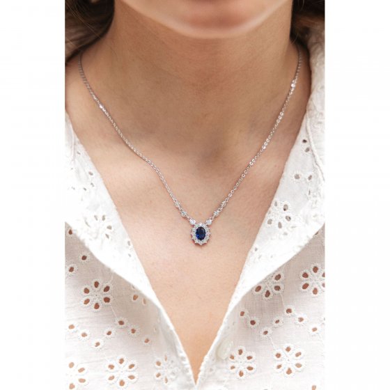 Halskette Silber 925 rhodiniert mit Zirkonia blau und weiß 