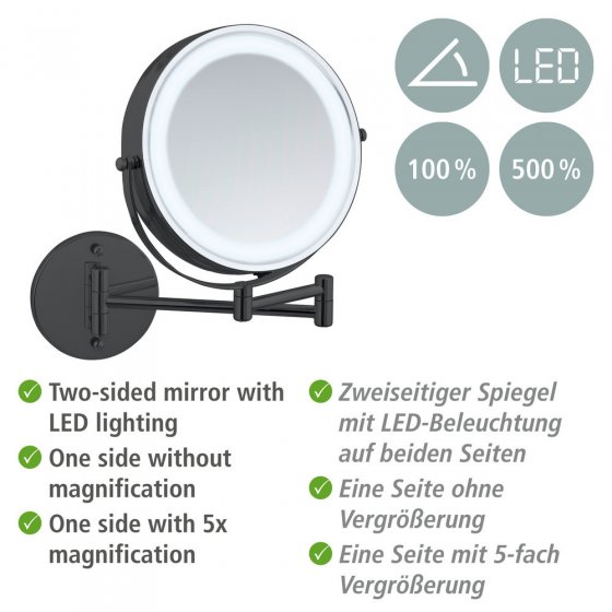 Power-Loc® LED Wandspiegel Mod. Lumi Schwarz, mit 5-fach Vergrößerung 
