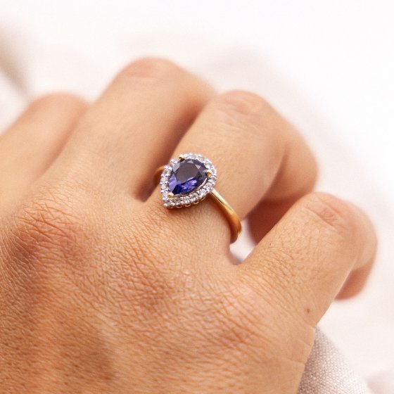 Ring Gold 585 mit echtem Iolith-Tropfen + Weißtopas 