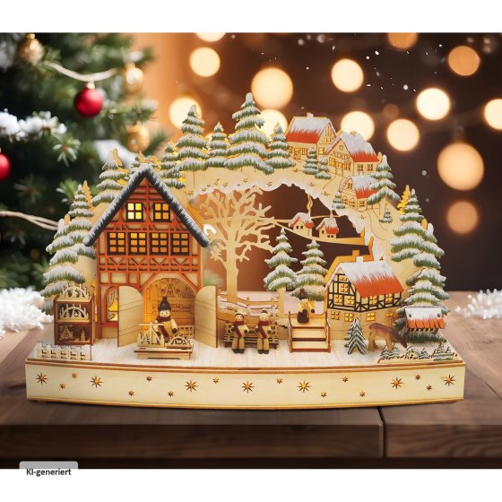 Traditioneller Schwibbogen Holz mit Wintermotiv und Figuren 50 x 30 cm 