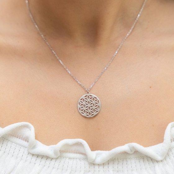 Halskette Silber 925 rhodiniert 42+3cm lang mit Motiv Blume des Lebens 