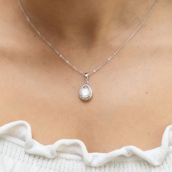 Halskette Silber 925 rhodiniert 45cm lang Tropfen-Anhänger mit weißem Zirkonia 