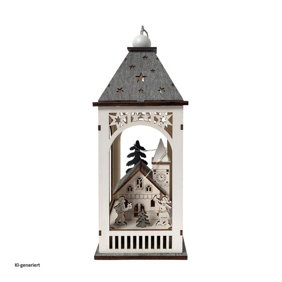 LED Holzlaterne mit Kirche und Figuren Weihnachtsdeko mit 8 LEDs 
