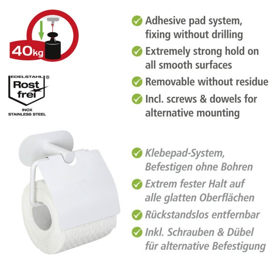 Turbo-Loc® Toilettenpapierhalter mit Deckel Mod. Orea White matt, aus rostfreiem Edelstahl 