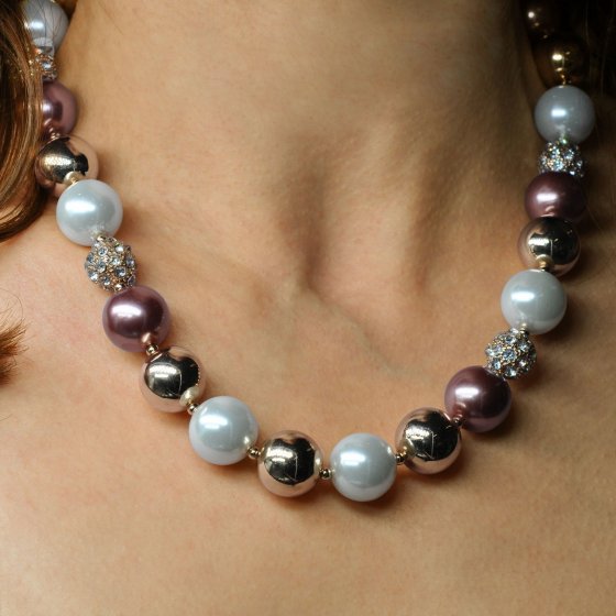 Schmuck-Set Perl-Set aus Halskette und Ohrsteckern aus Metall mit mehrfarbigen Perlen 