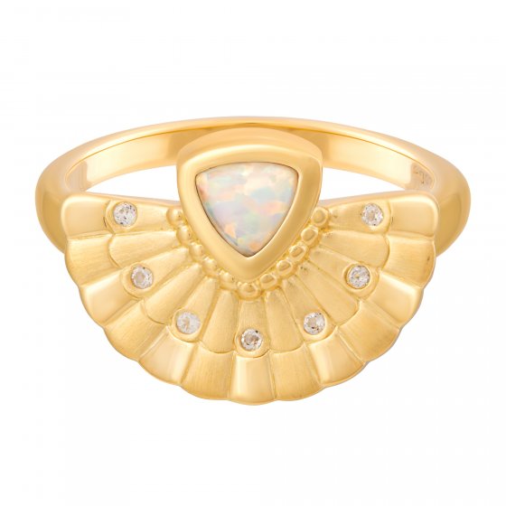 Ring 925 Silber vergoldet Fächer Anhänger mit Opal & Weißtopas 